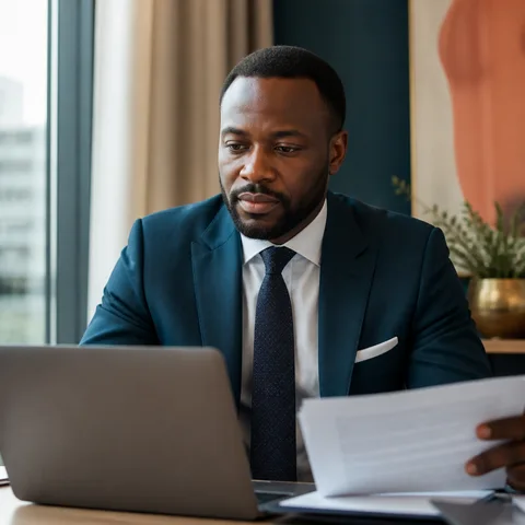 A finance executive reviewing a laptop and reports