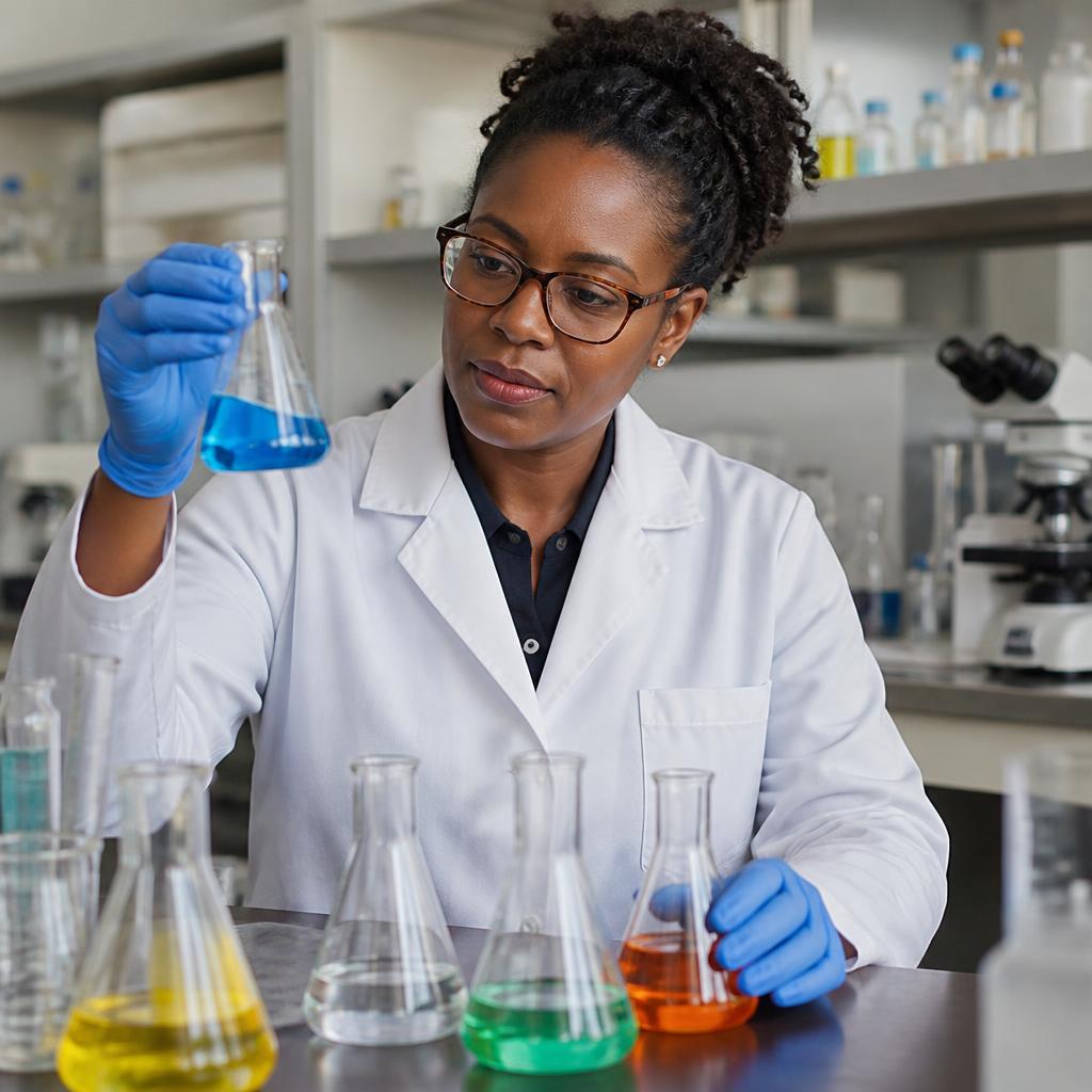 A scientist in a white lab coat examining conical flasks in a laboratory